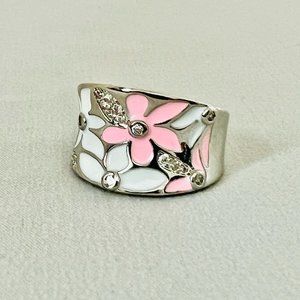 NEW Silver Plated Pink/White Enamel Flower Ring